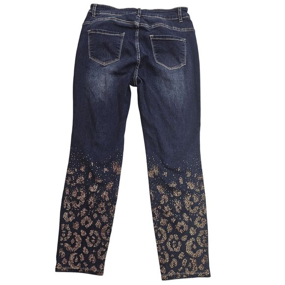 Frank Lyman Womens Denim Jeans With Gold Leopard Print Design L/G - Picture 3 of 7